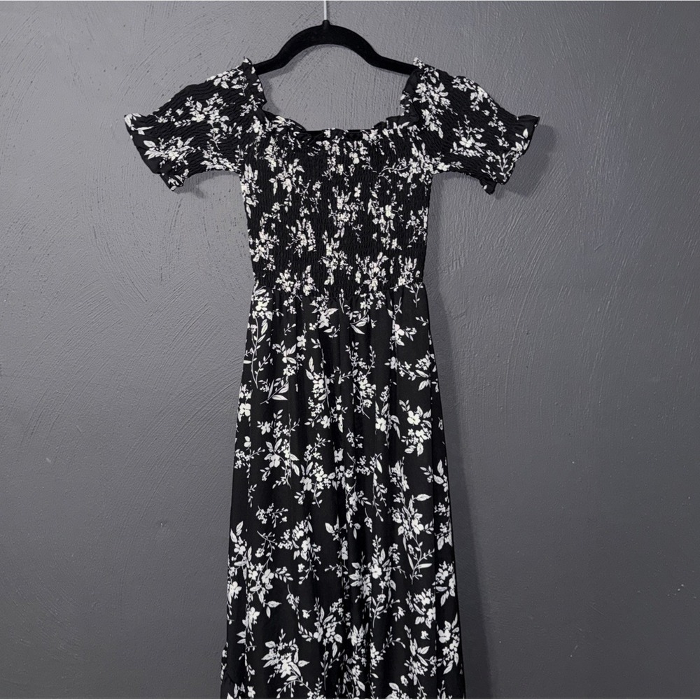 Blue Rain Maxi Dress Womens XS Boho Off Shoulder Smocked Black White Festival - Picture 5 of 6